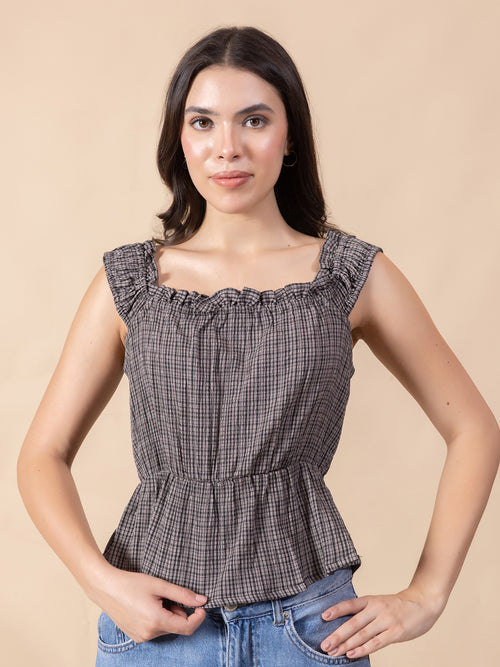 Masami Women Checked Printed Square Neck Sleeveless Peplum Top