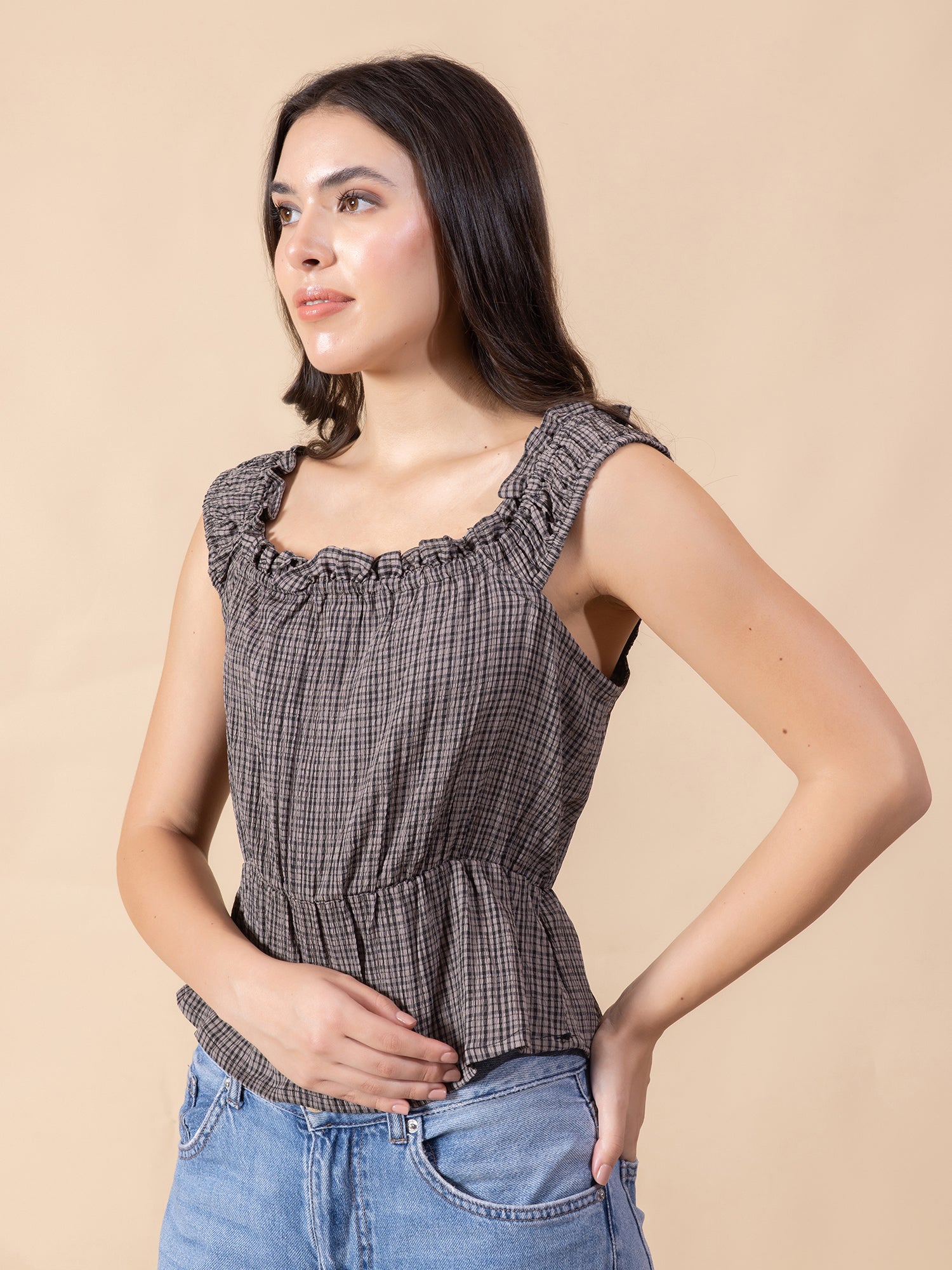 Masami Women Checked Printed Square Neck Sleeveless Peplum Top