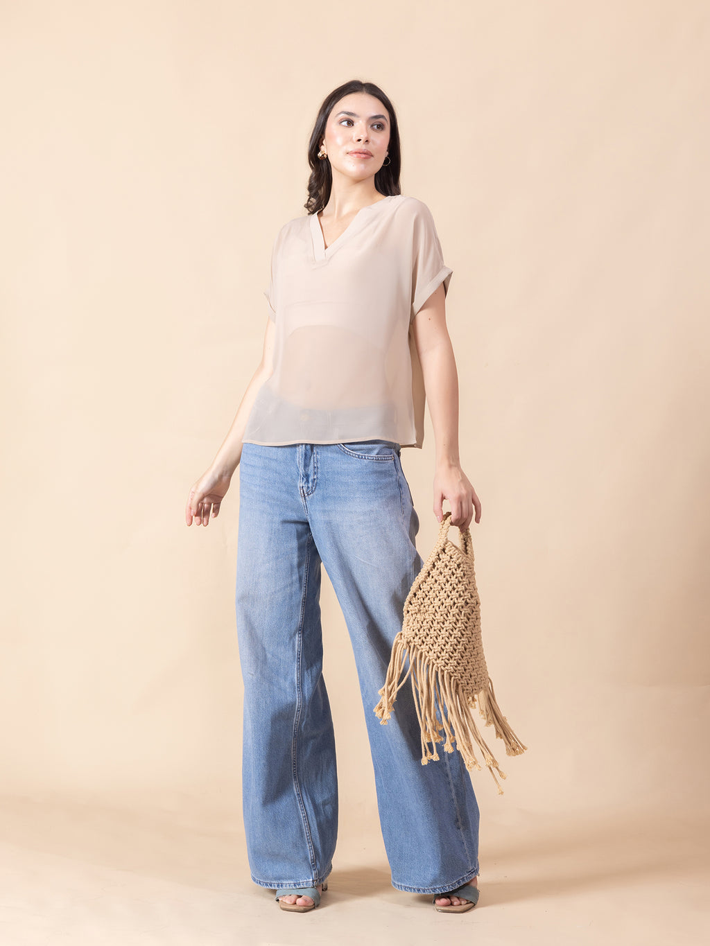 Women Poly Georgette Solid Beige Top