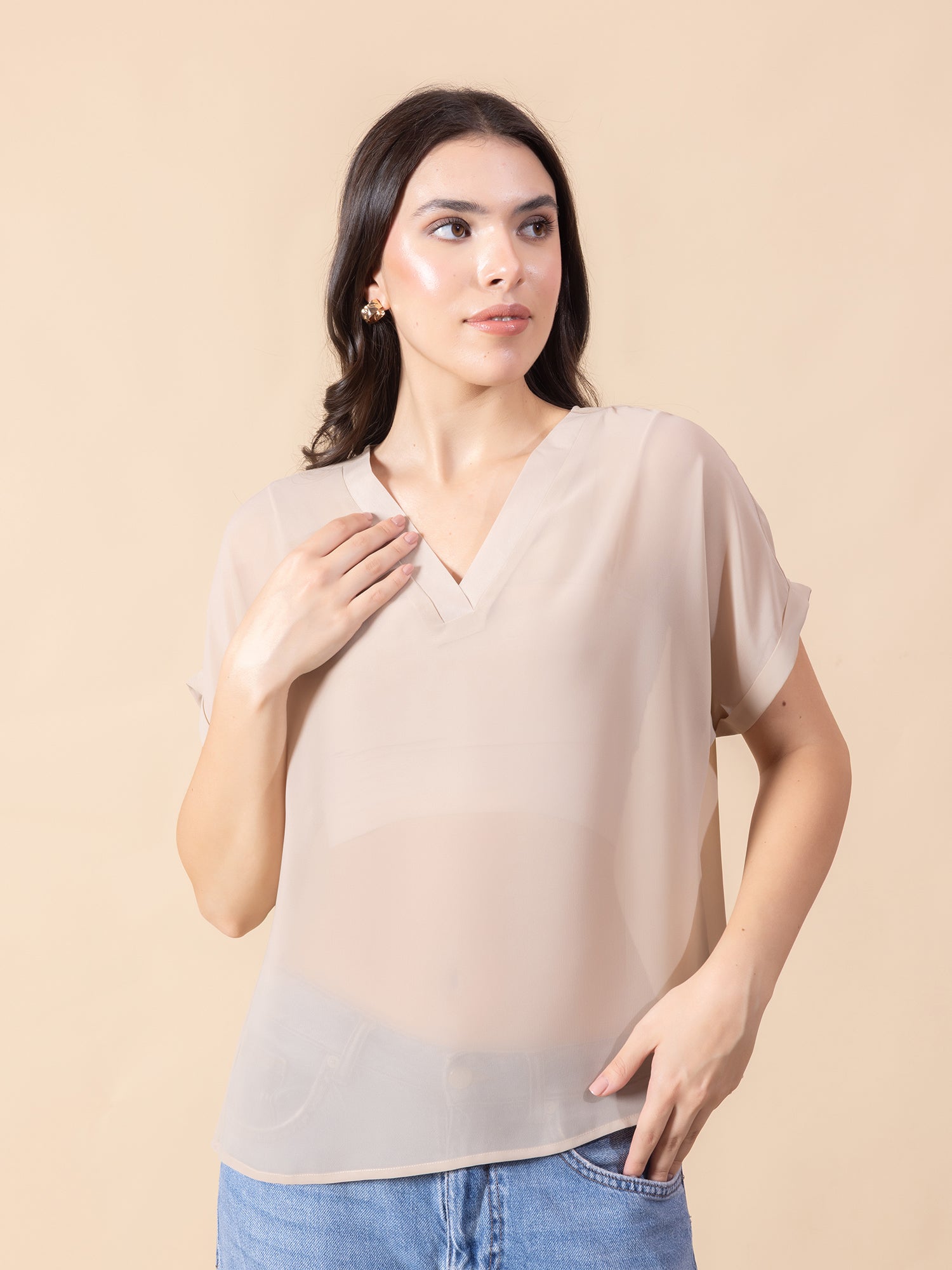 Women Poly Georgette Solid Beige Top