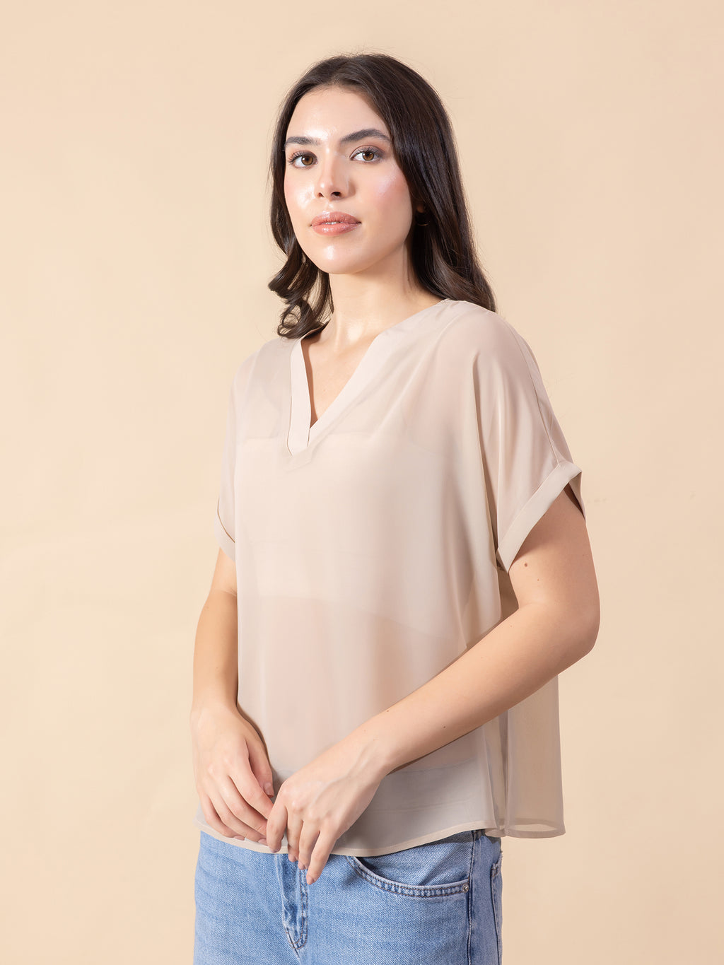 Women Poly Georgette Solid Beige Top