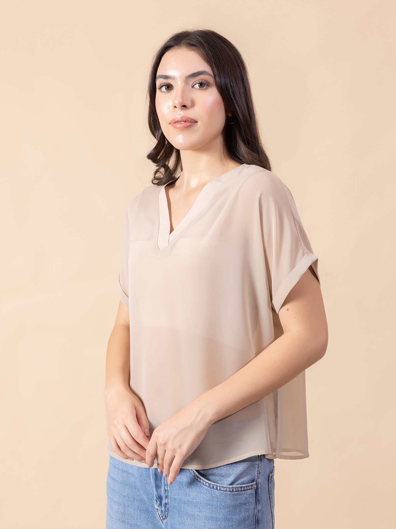 Women Poly Georgette Solid Beige Top