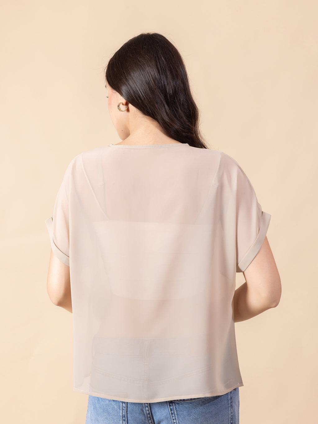 Women Poly Georgette Solid Beige Top