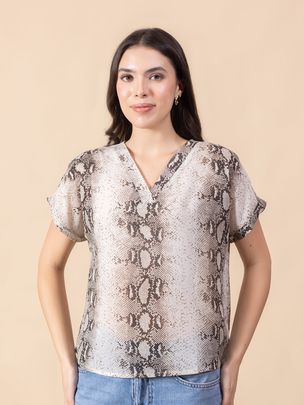 Masami Women's Poly Georgette Animal Print White Top