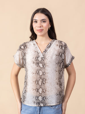 Masami Women's Poly Georgette Animal Print White Top