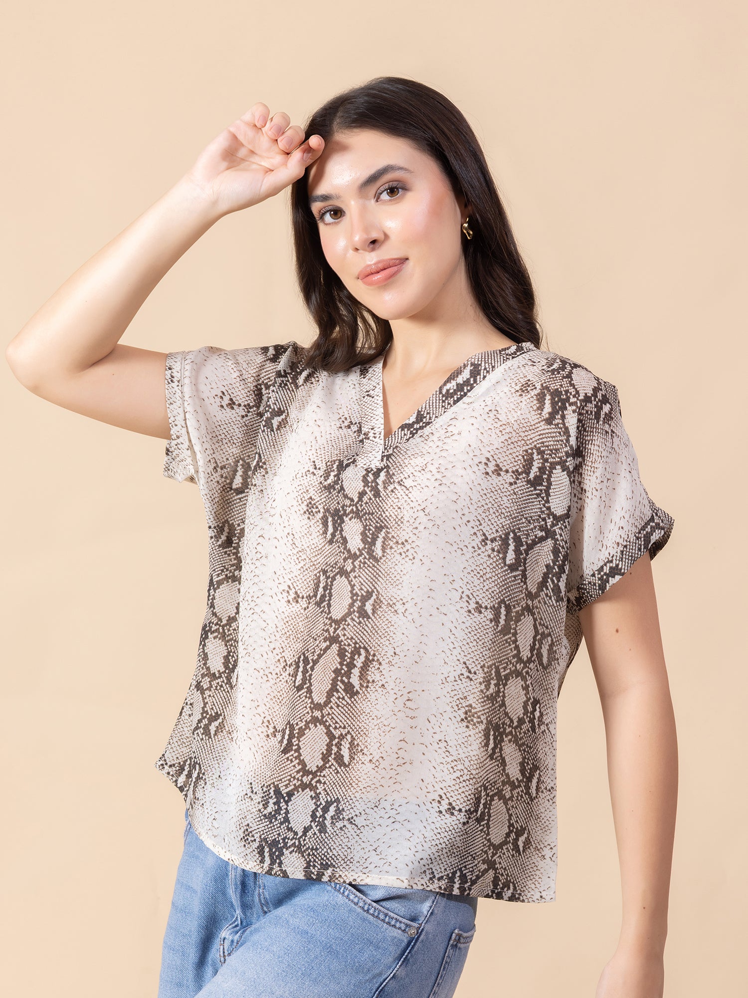 Masami Women's Poly Georgette Animal Print White Top