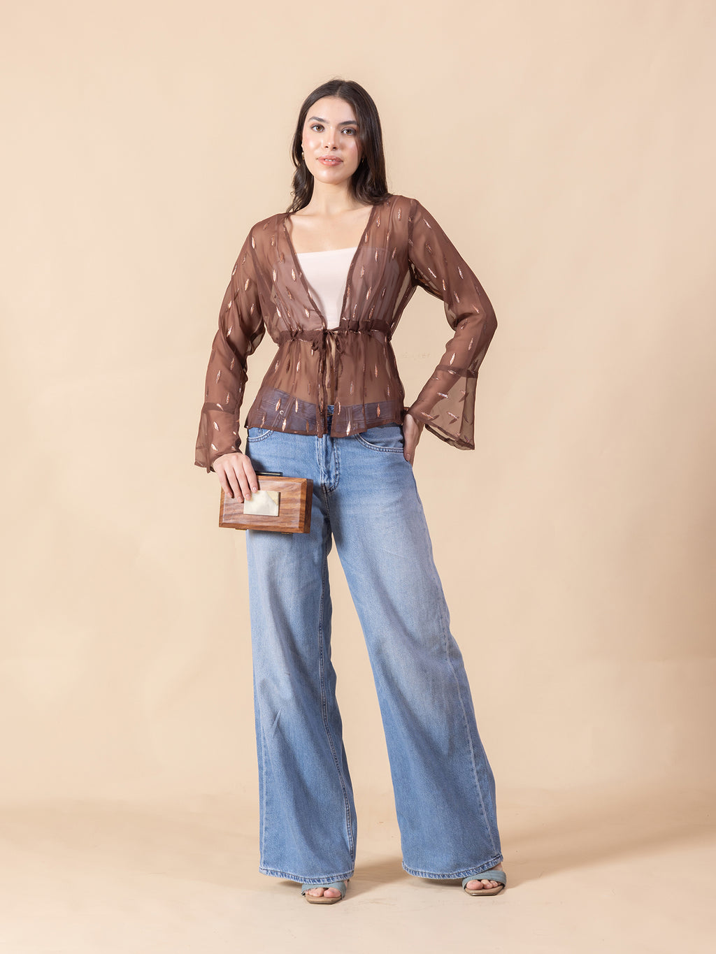 Masami Women Solid Self Design Sheer Bell Sleeve Top