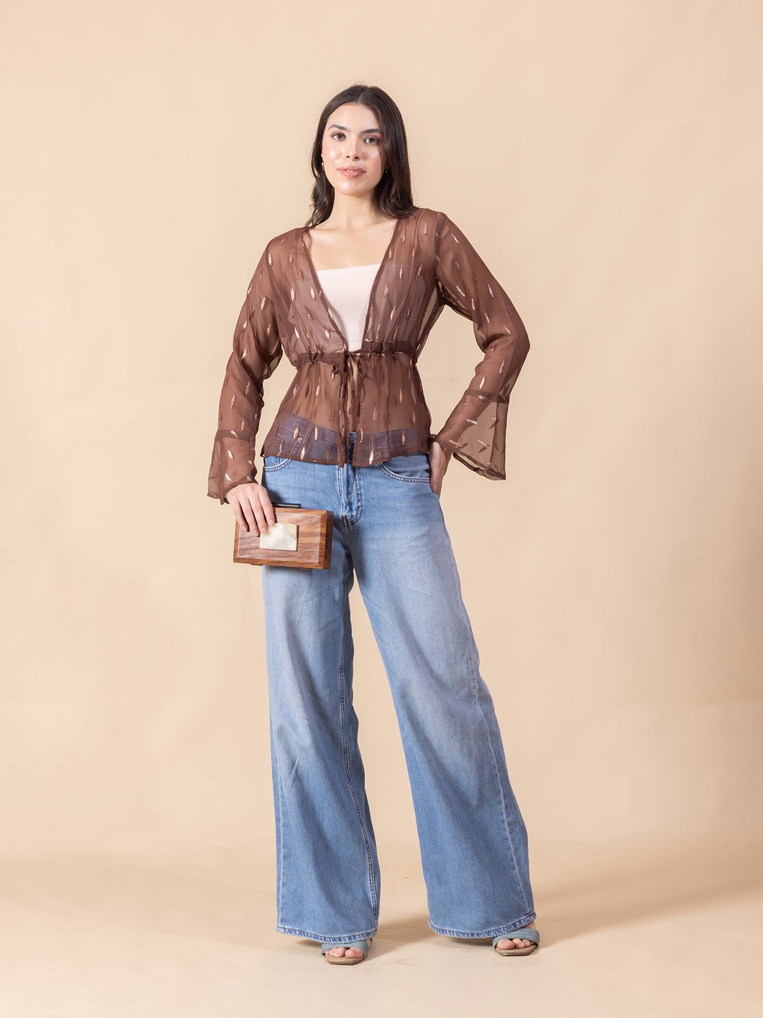 Masami Women Solid Self Design Sheer Bell Sleeve Top