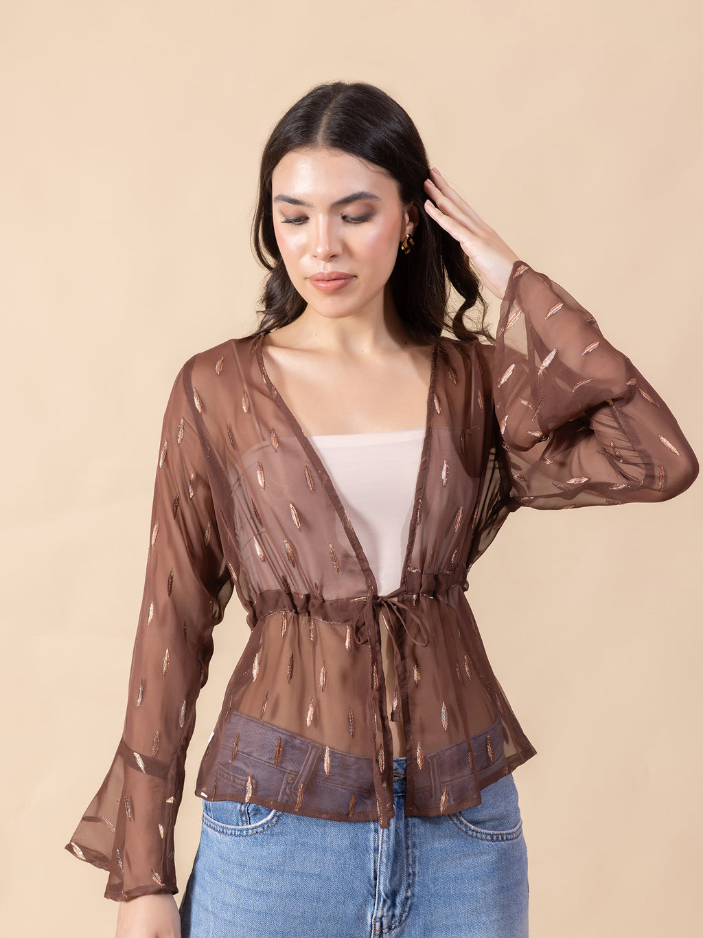 Masami Women Solid Self Design Sheer Bell Sleeve Top