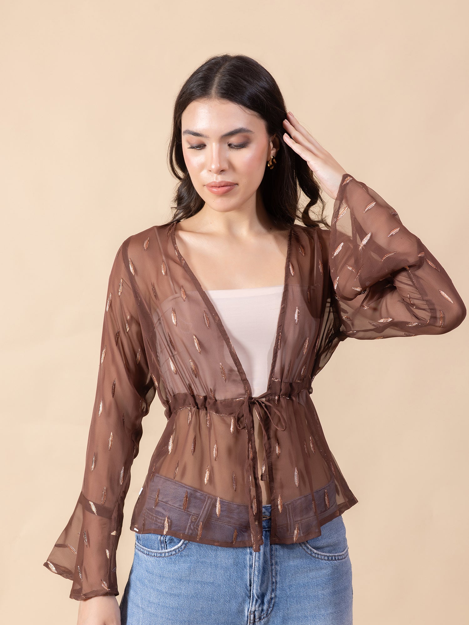 Masami Women Solid Self Design Sheer Bell Sleeve Top