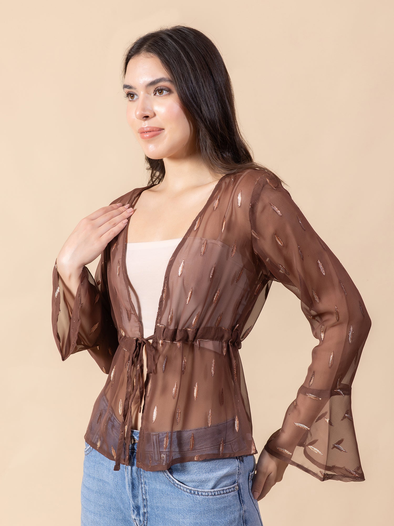 Masami Women Solid Self Design Sheer Bell Sleeve Top