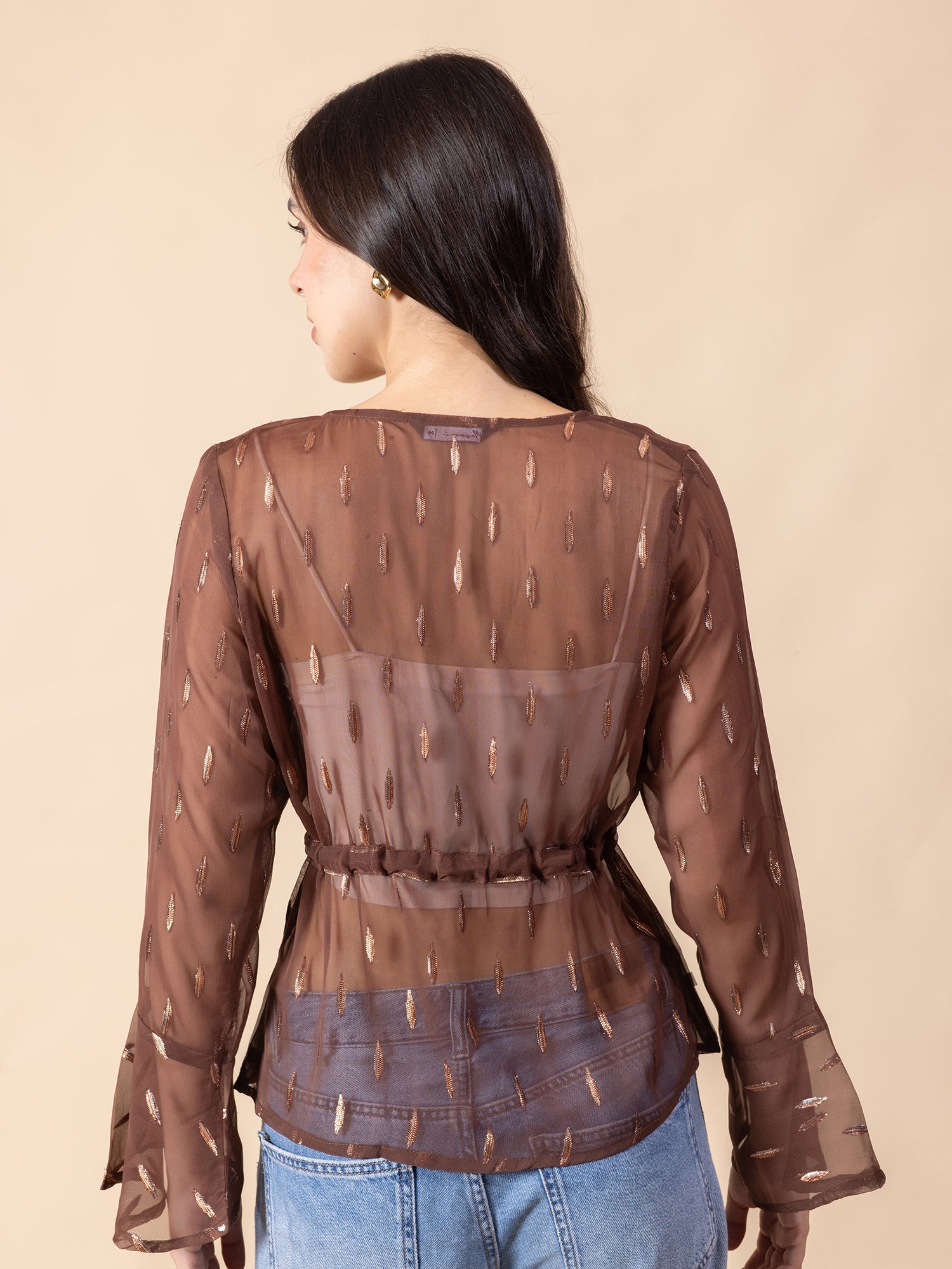 Masami Women Solid Self Design Sheer Bell Sleeve Top