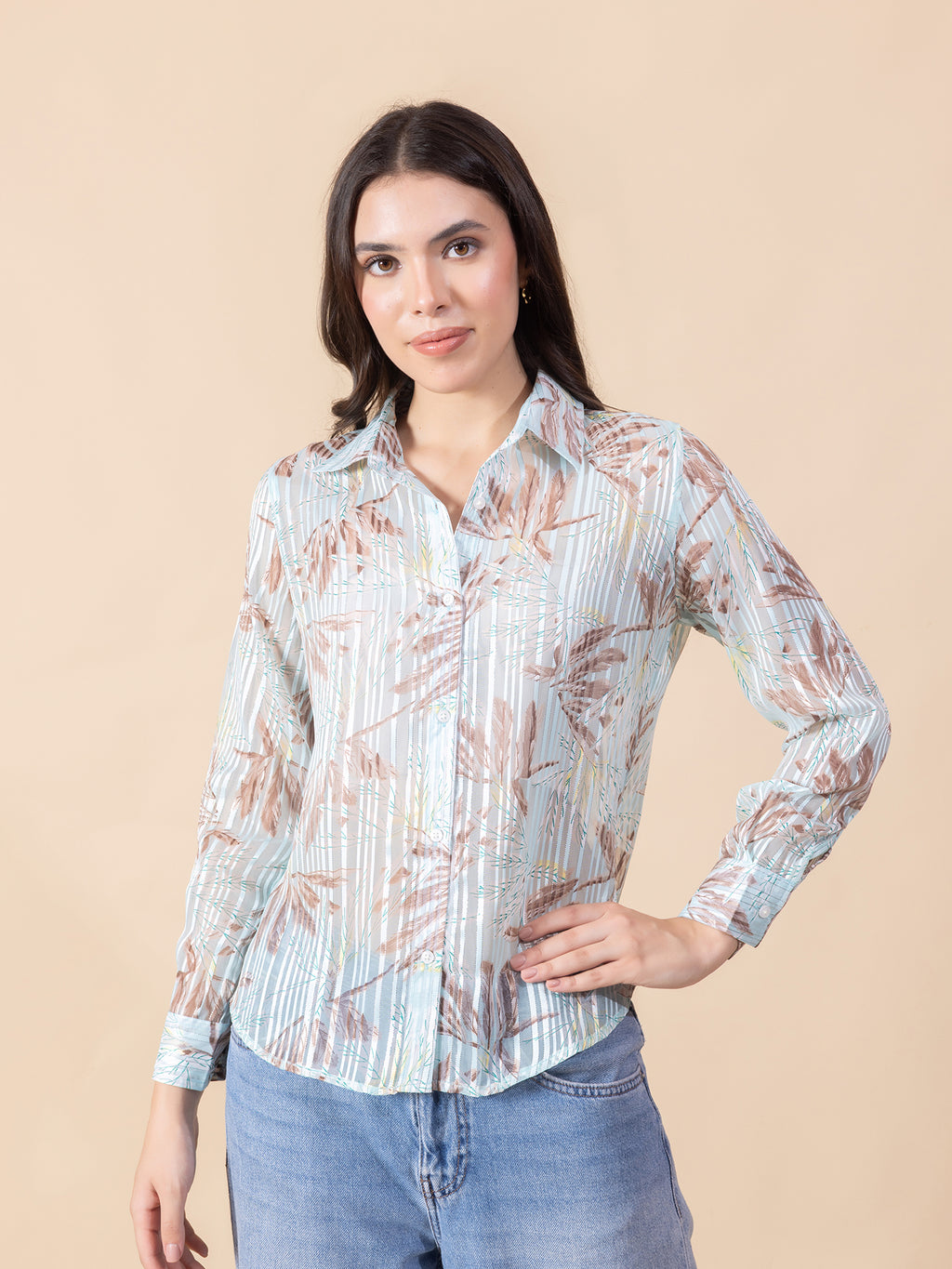 Masami Women Poly Satin Floral Blue Top