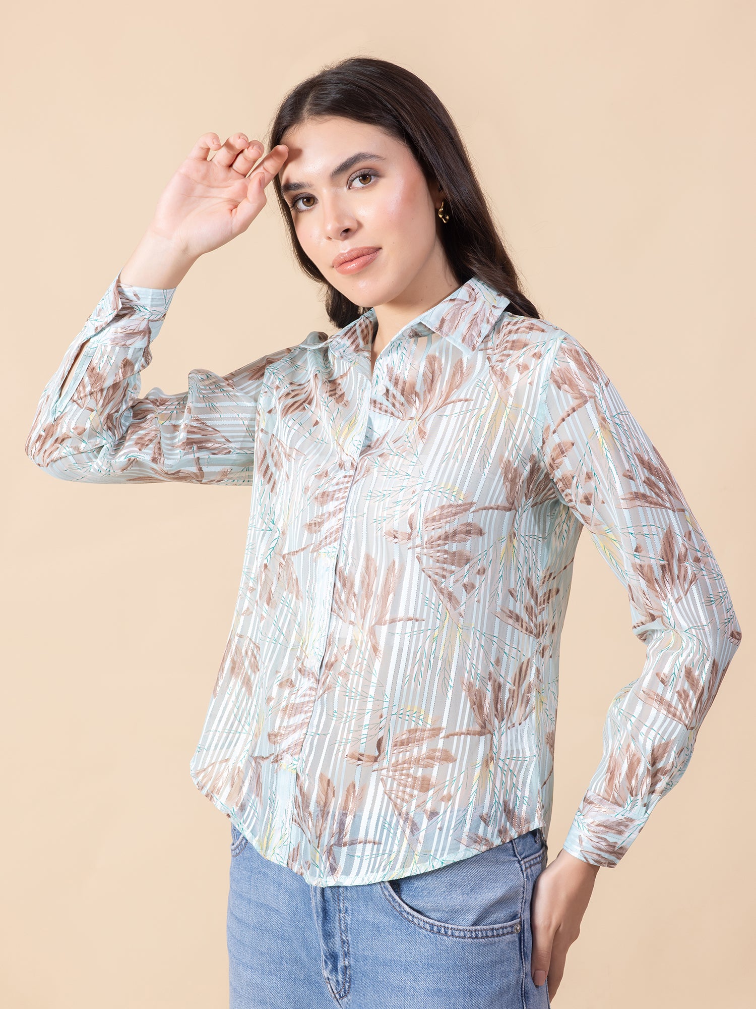 Masami Women Poly Satin Floral Blue Top