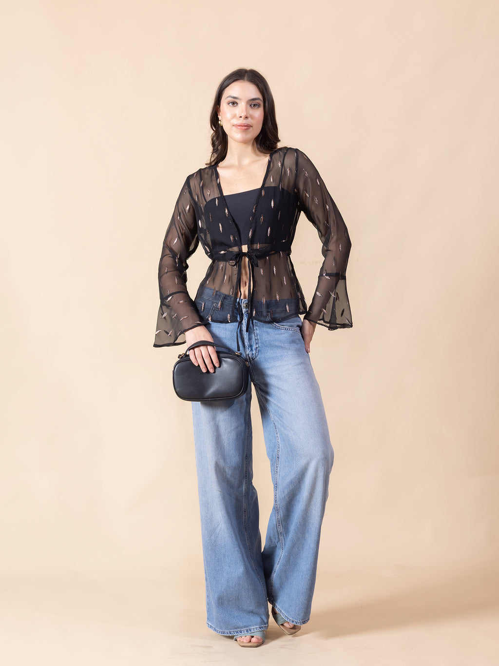 Masami Women Solid Self Design Sheer Bell Sleeve Top