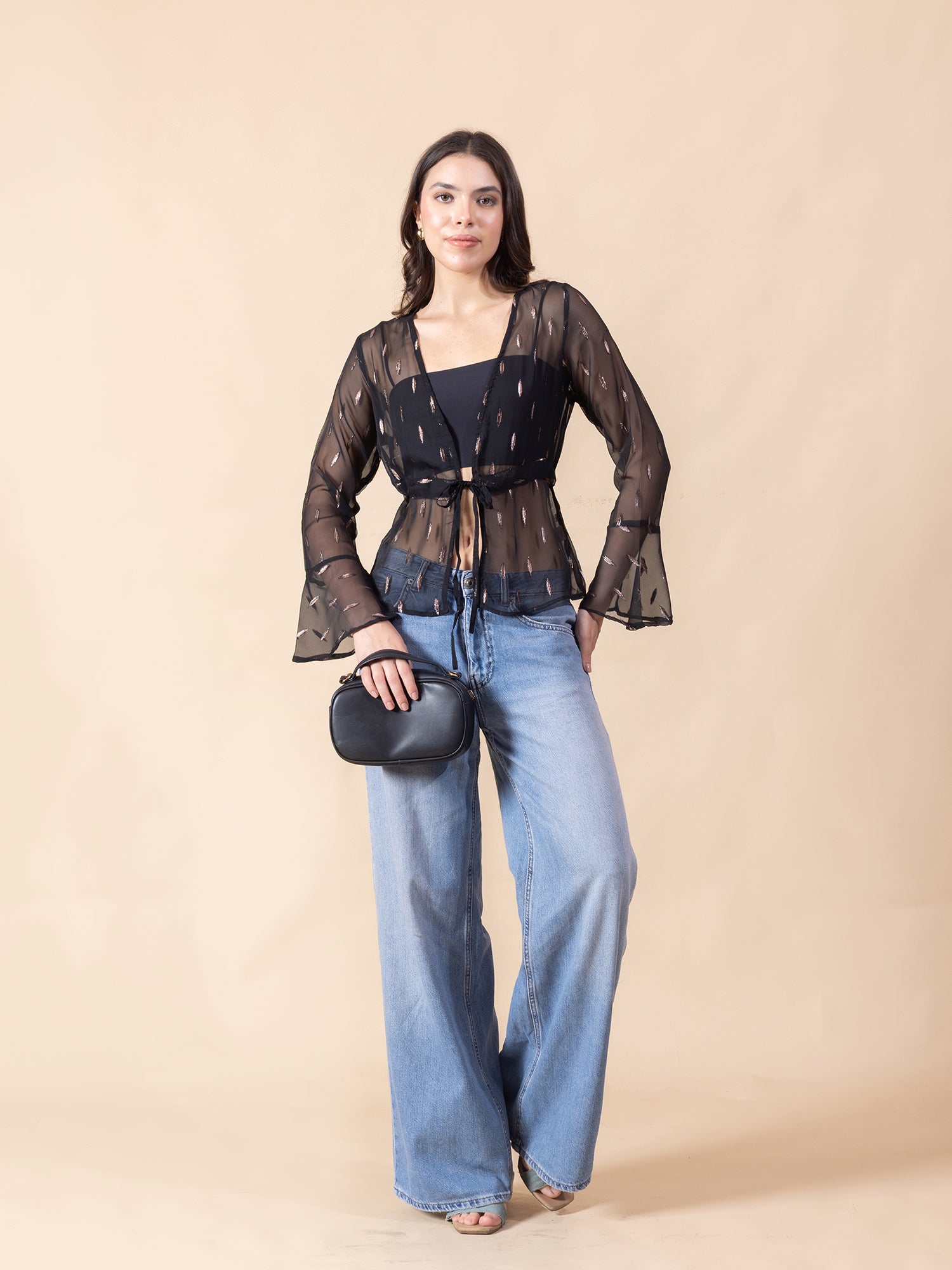 Masami Women Solid Self Design Sheer Bell Sleeve Top