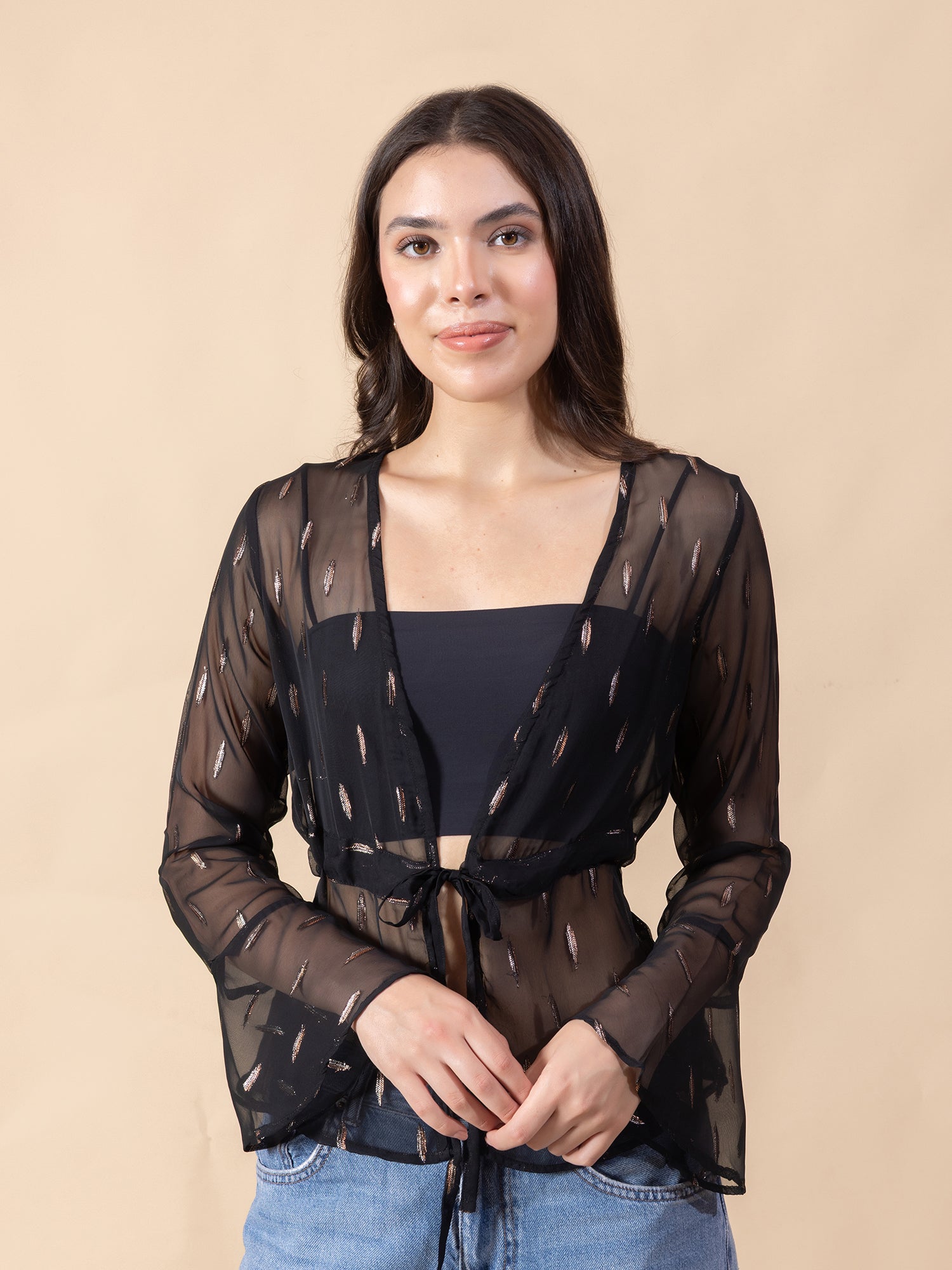 Masami Women Solid Self Design Sheer Bell Sleeve Top