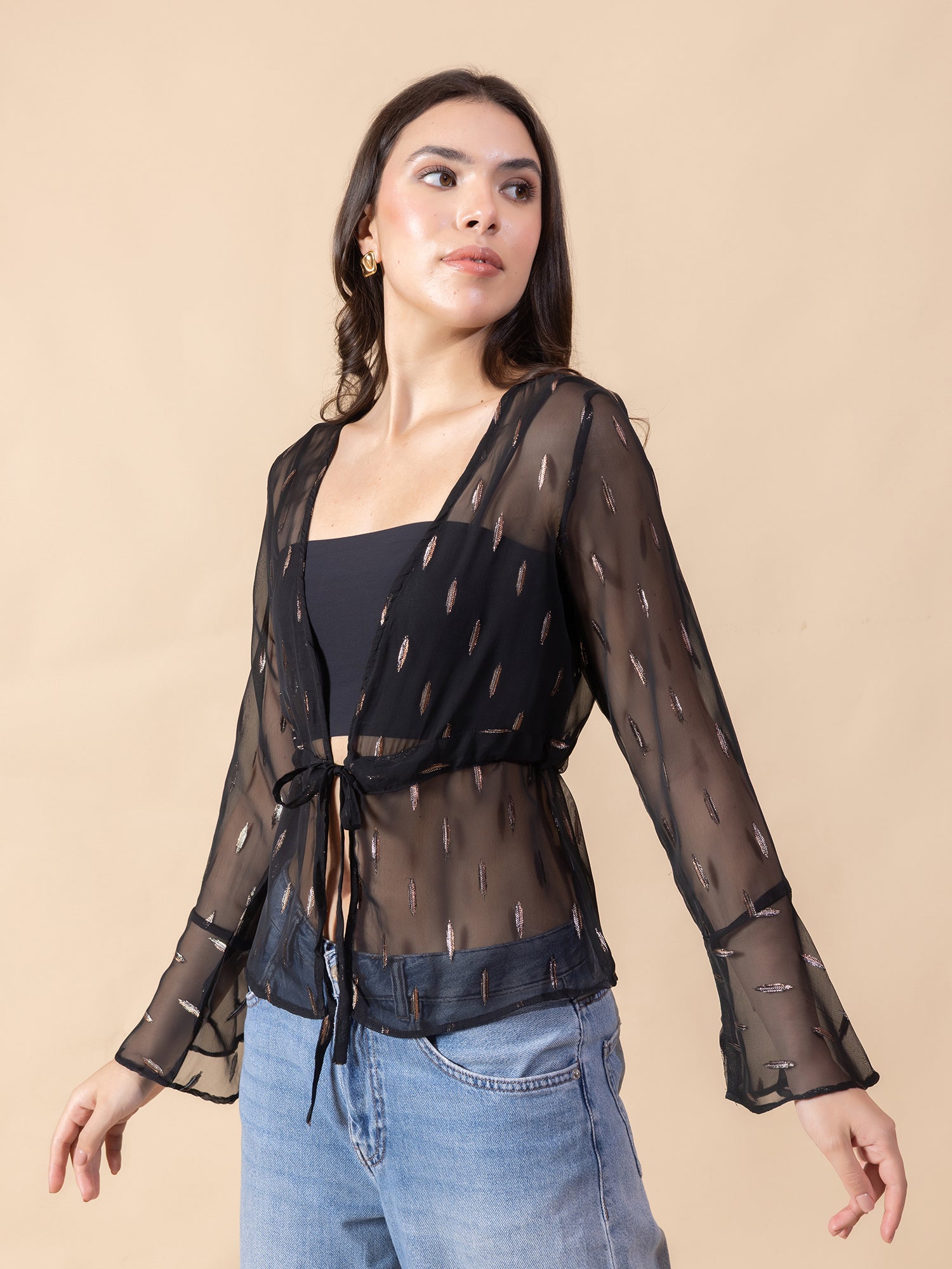 Masami Women Solid Self Design Sheer Bell Sleeve Top