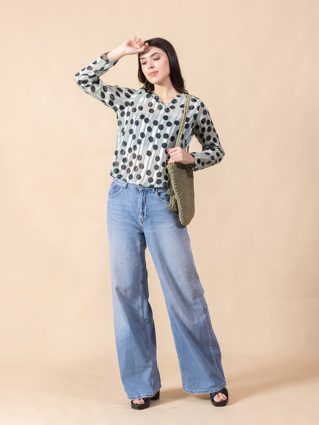 Masami Women's Poly Satin Stripe Polka Dot Green Top