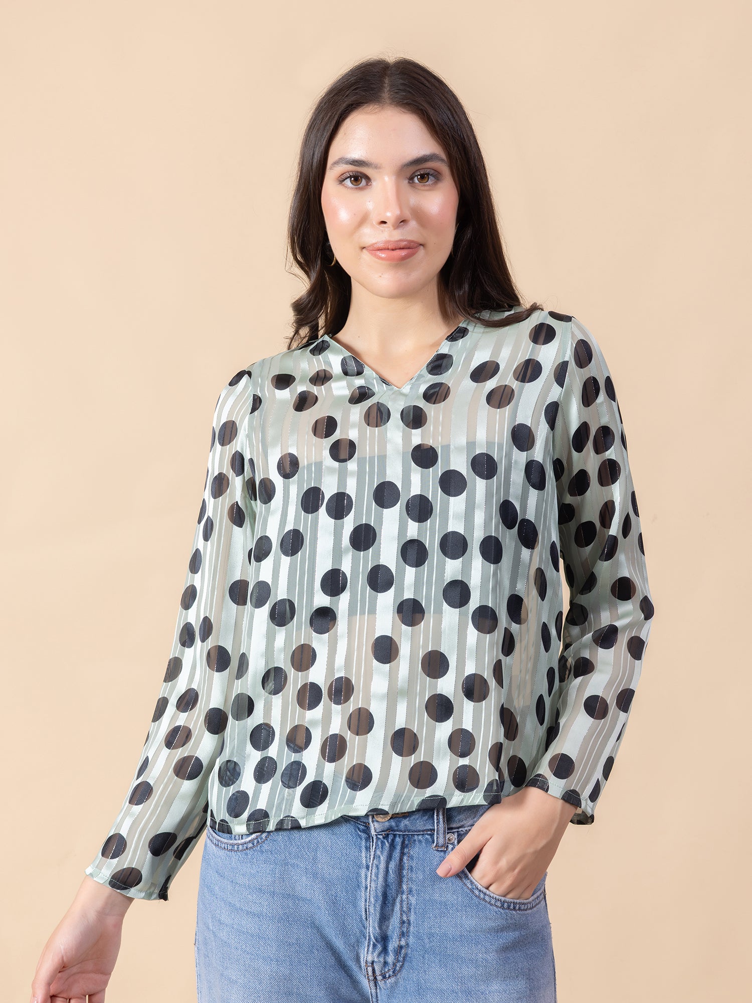 Masami Women's Poly Satin Stripe Polka Dot Green Top