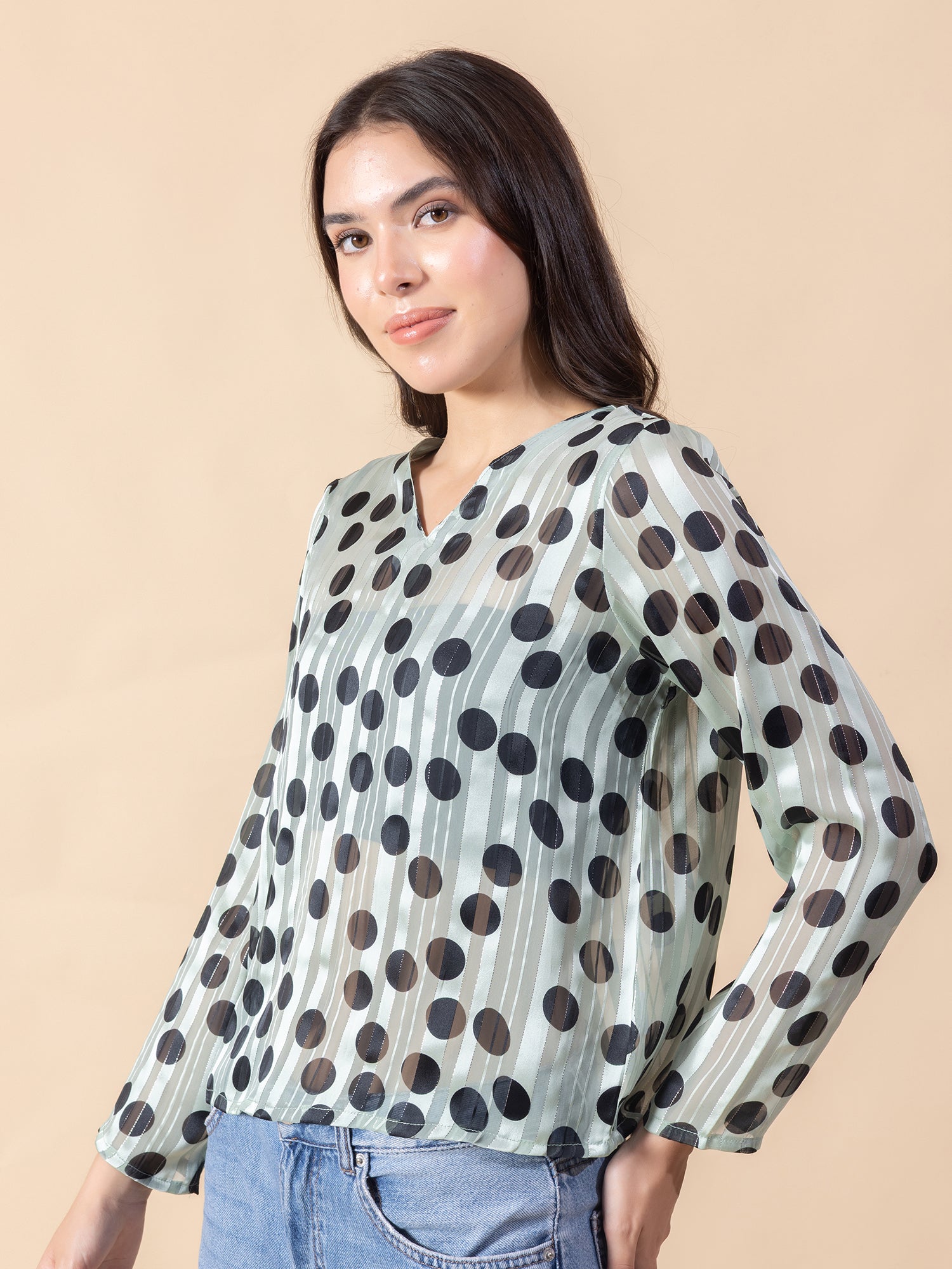 Masami Women's Poly Satin Stripe Polka Dot Green Top