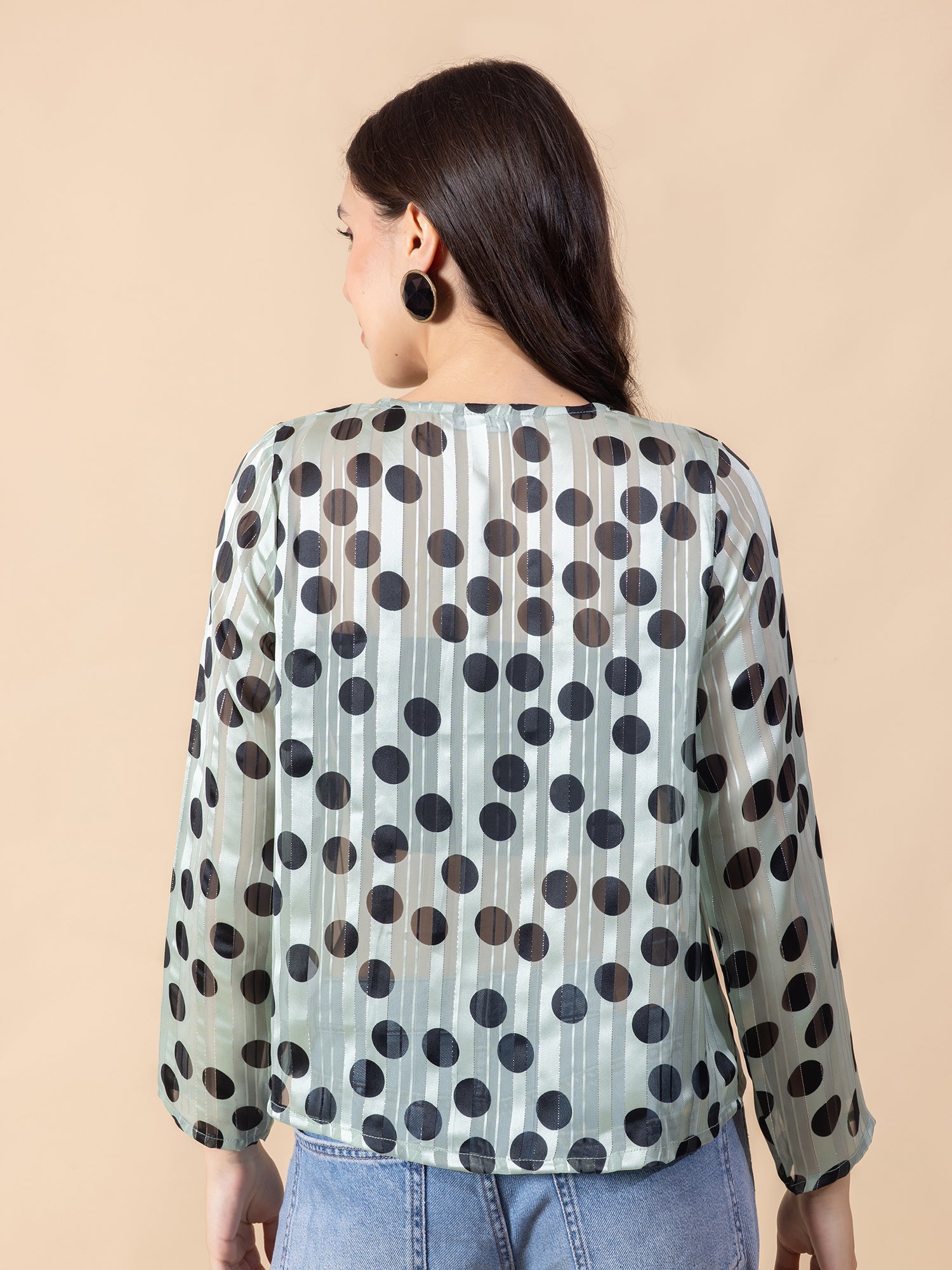 Masami Women's Poly Satin Stripe Polka Dot Green Top