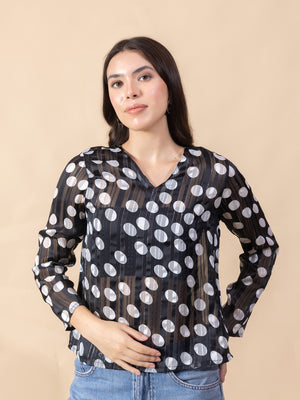 Women Black and White Striped & Polka Dot Printed Top