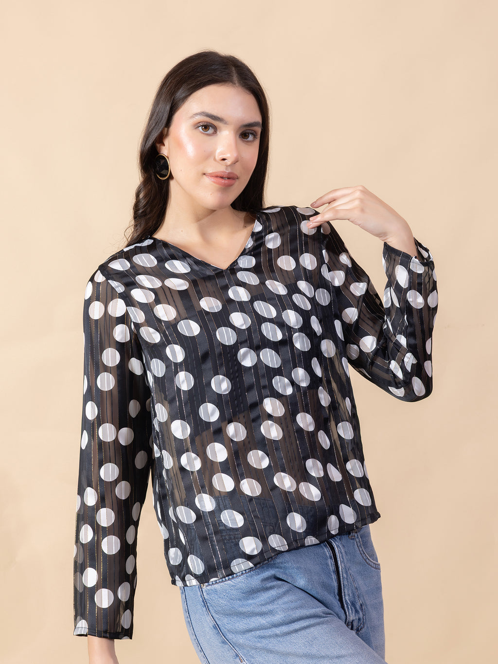 Women Black and White Striped & Polka Dot Printed Top