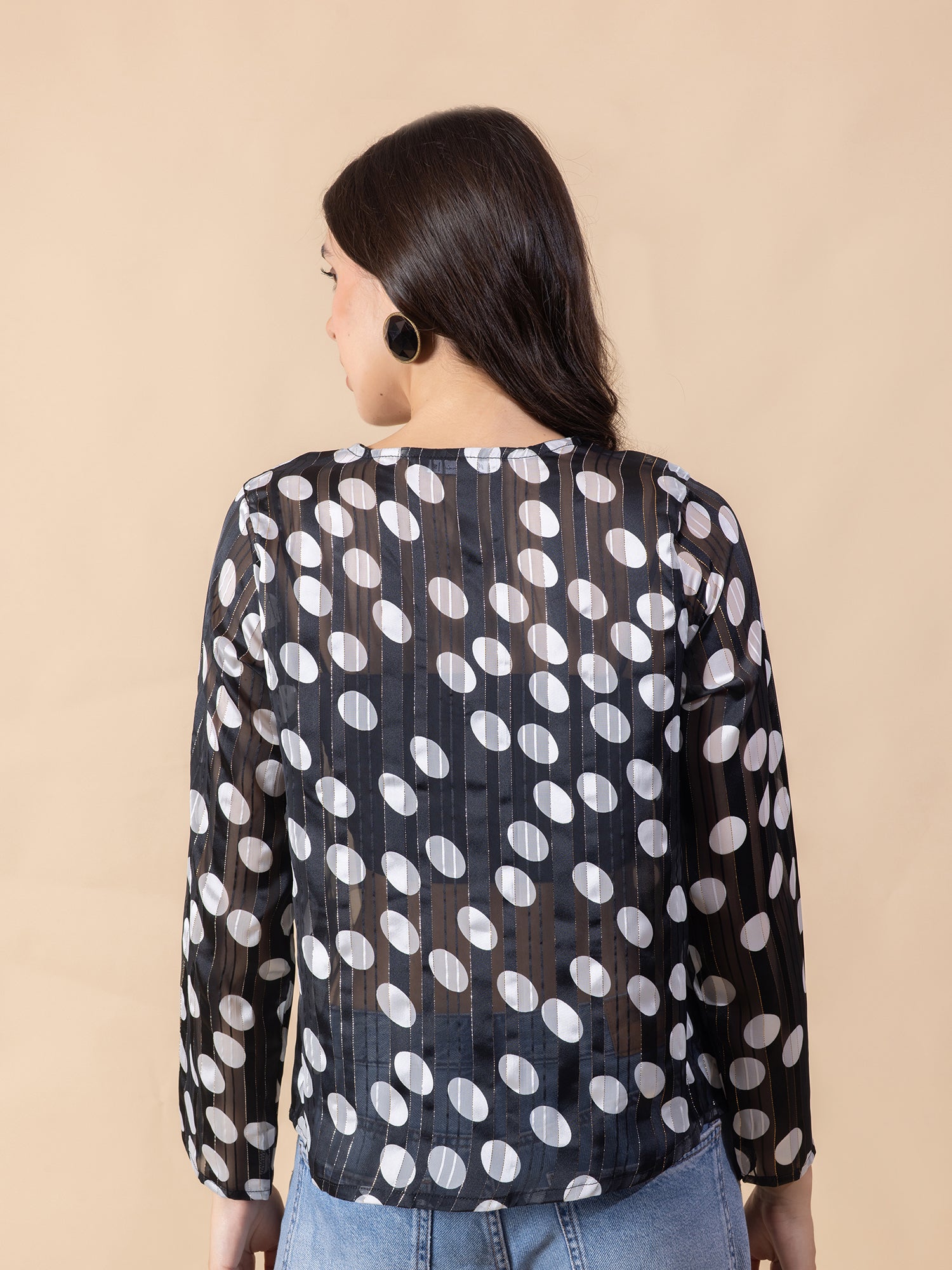 Women Black and White Striped & Polka Dot Printed Top