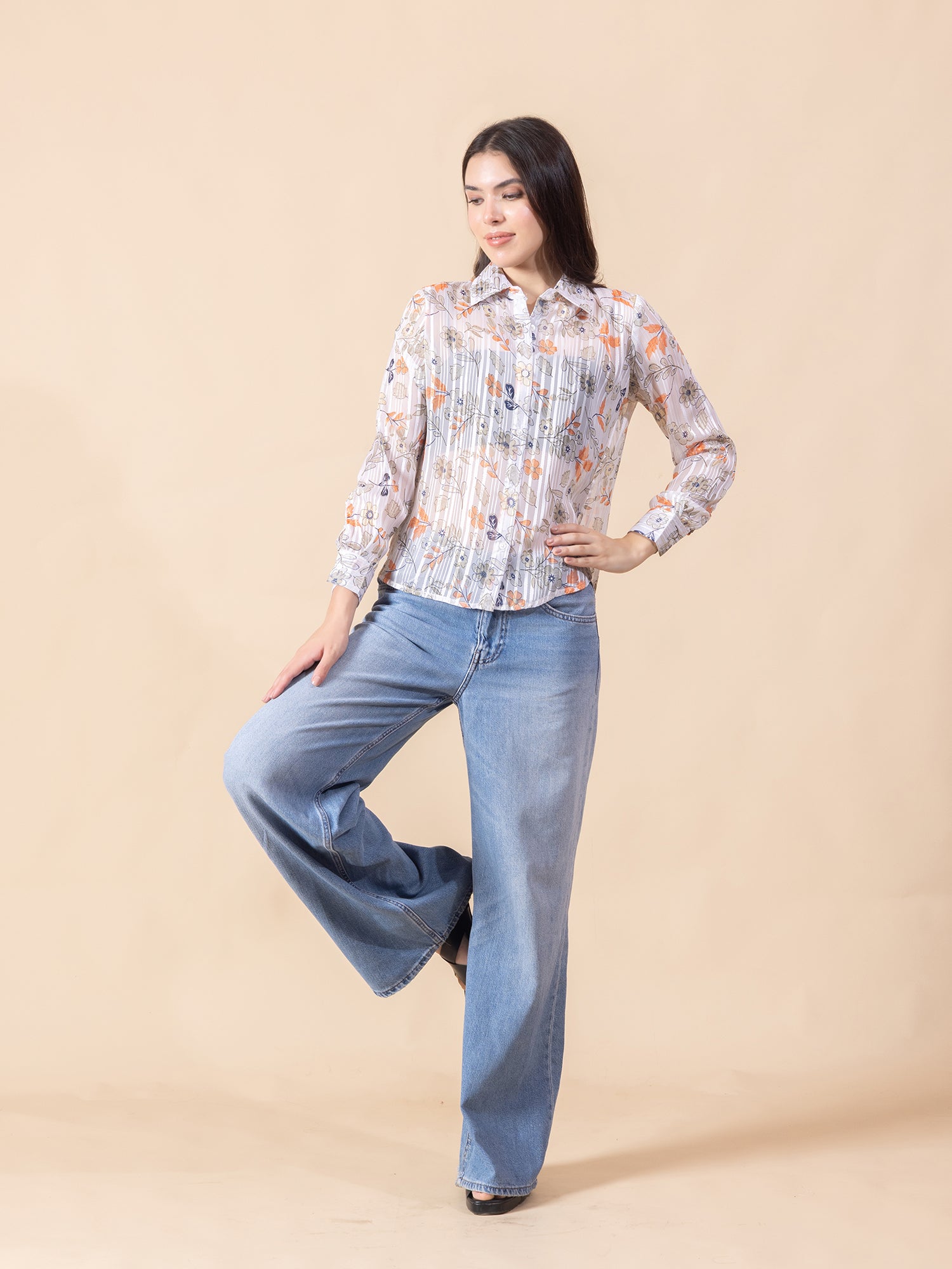 Masami Women Poly Satin Floral White Full Sleeves Top