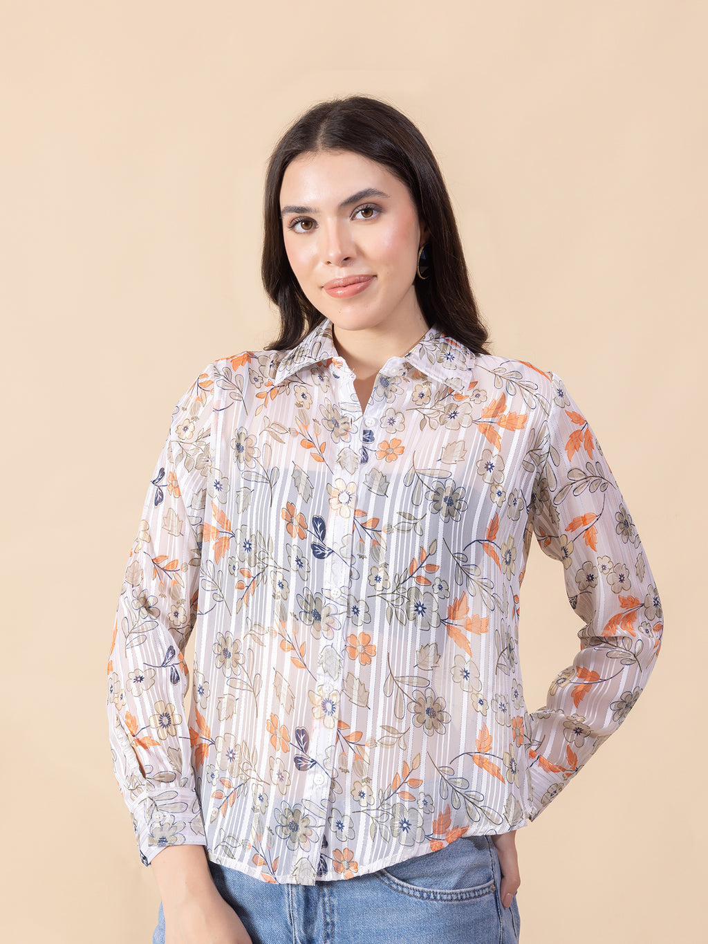 Masami Women Poly Satin Floral White Full Sleeves Top