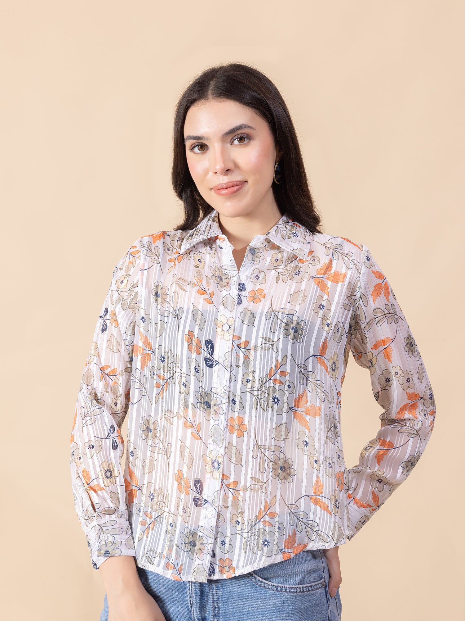 Masami Women Poly Satin Floral White Full Sleeves Top