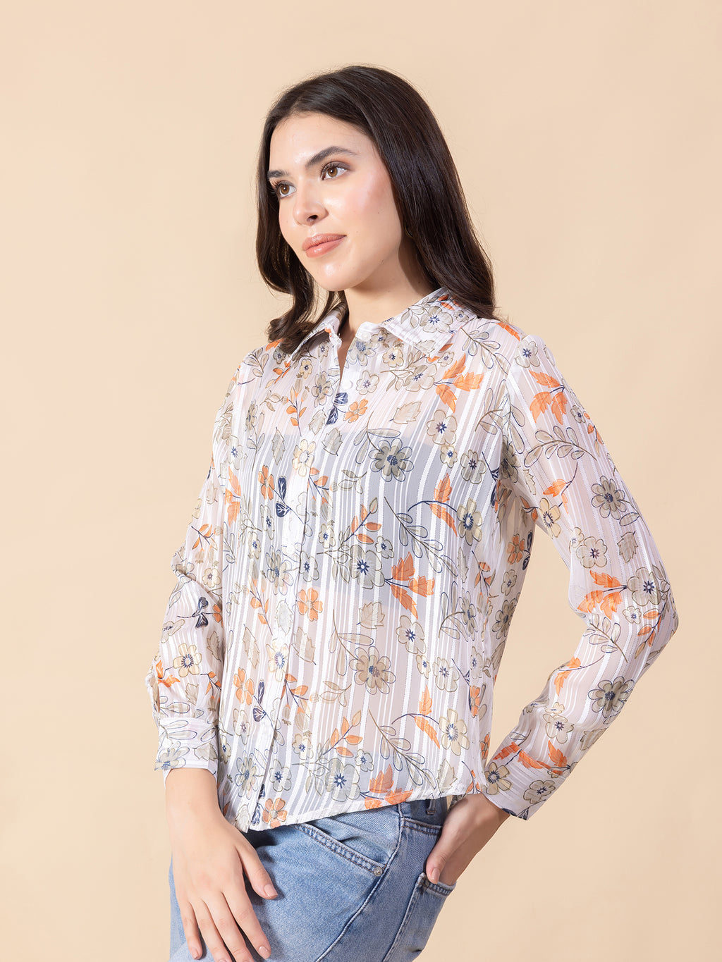 Masami Women Poly Satin Floral White Full Sleeves Top