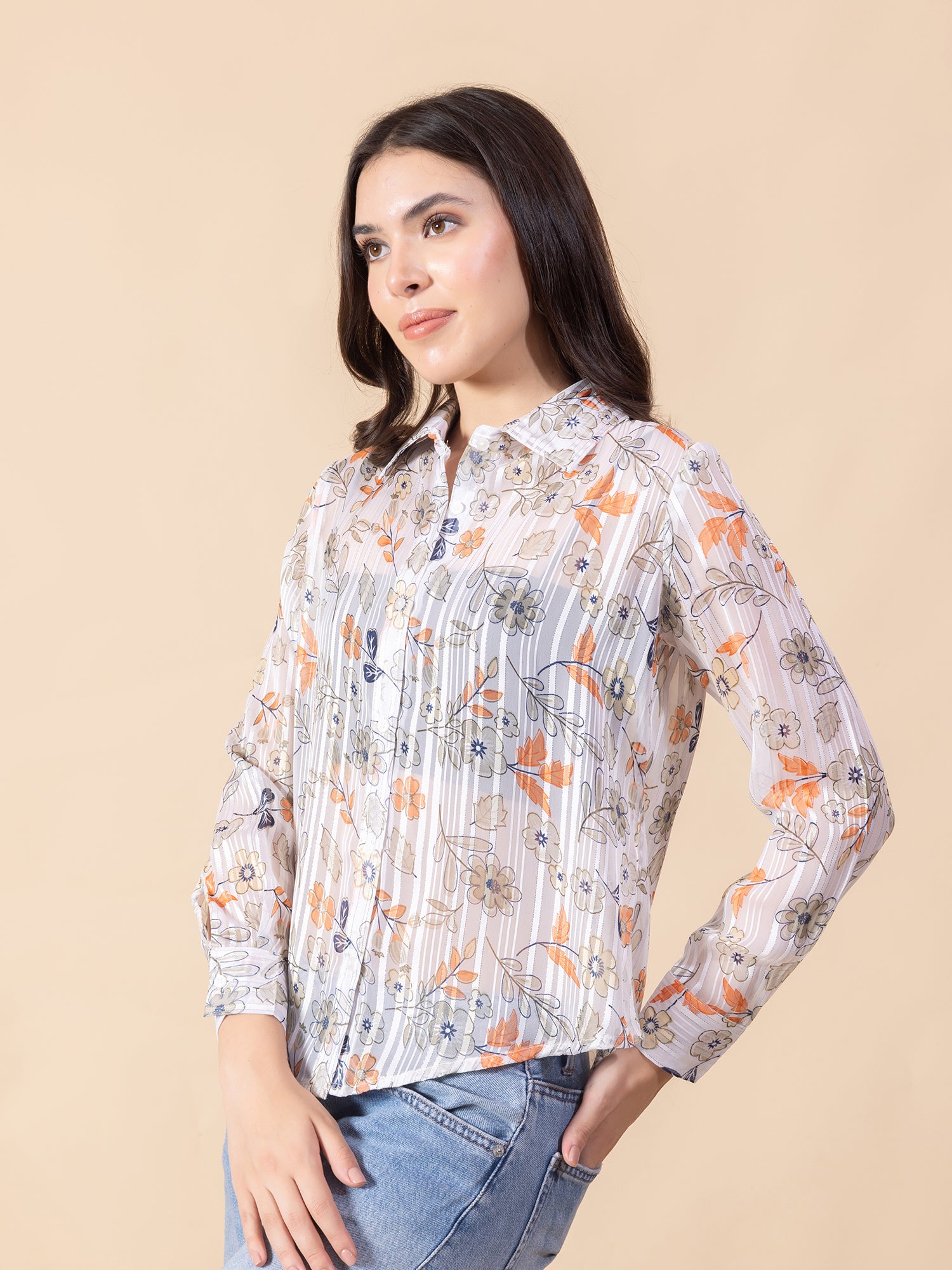 Masami Women Poly Satin Floral White Full Sleeves Top