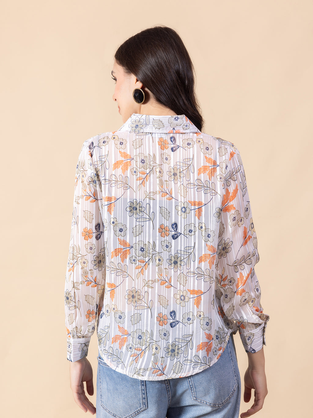 Masami Women Poly Satin Floral White Full Sleeves Top