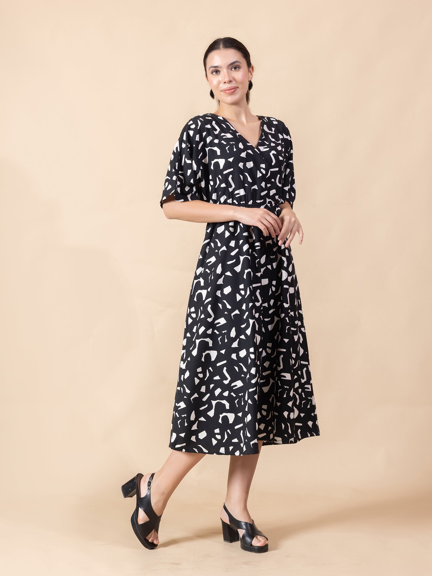 Abstract Print Crepe Fit & Flare Midi Dress