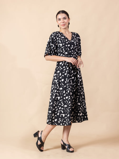 Abstract Print Crepe Fit & Flare Midi Dress