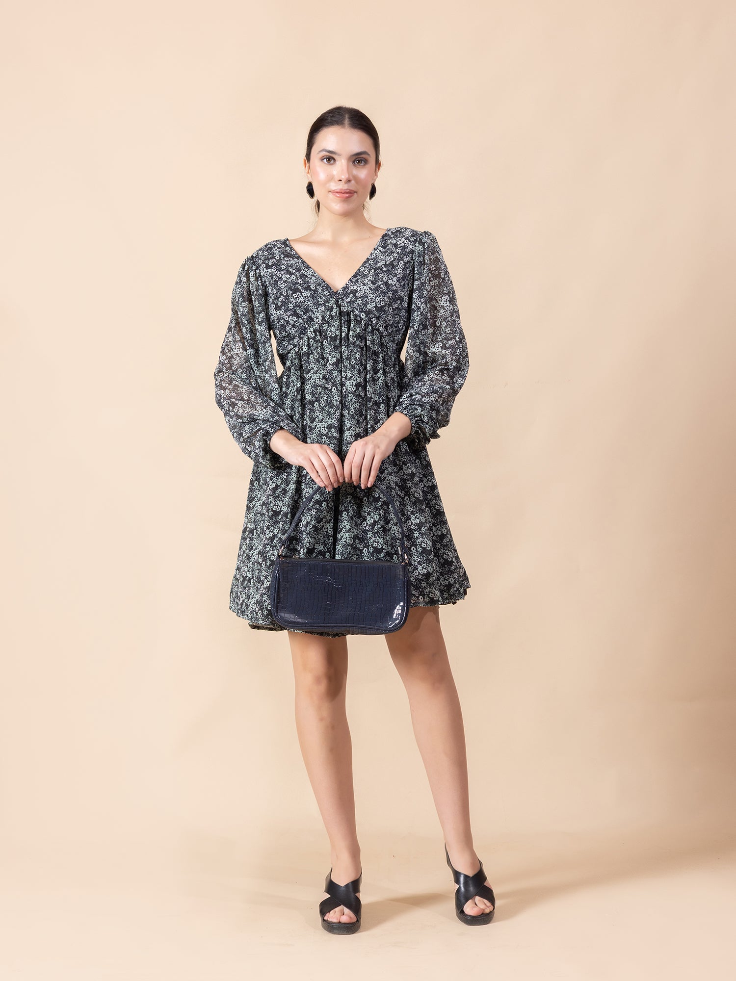 Floral Print Bishop Sleeve Chiffon Fit & Flare Dress