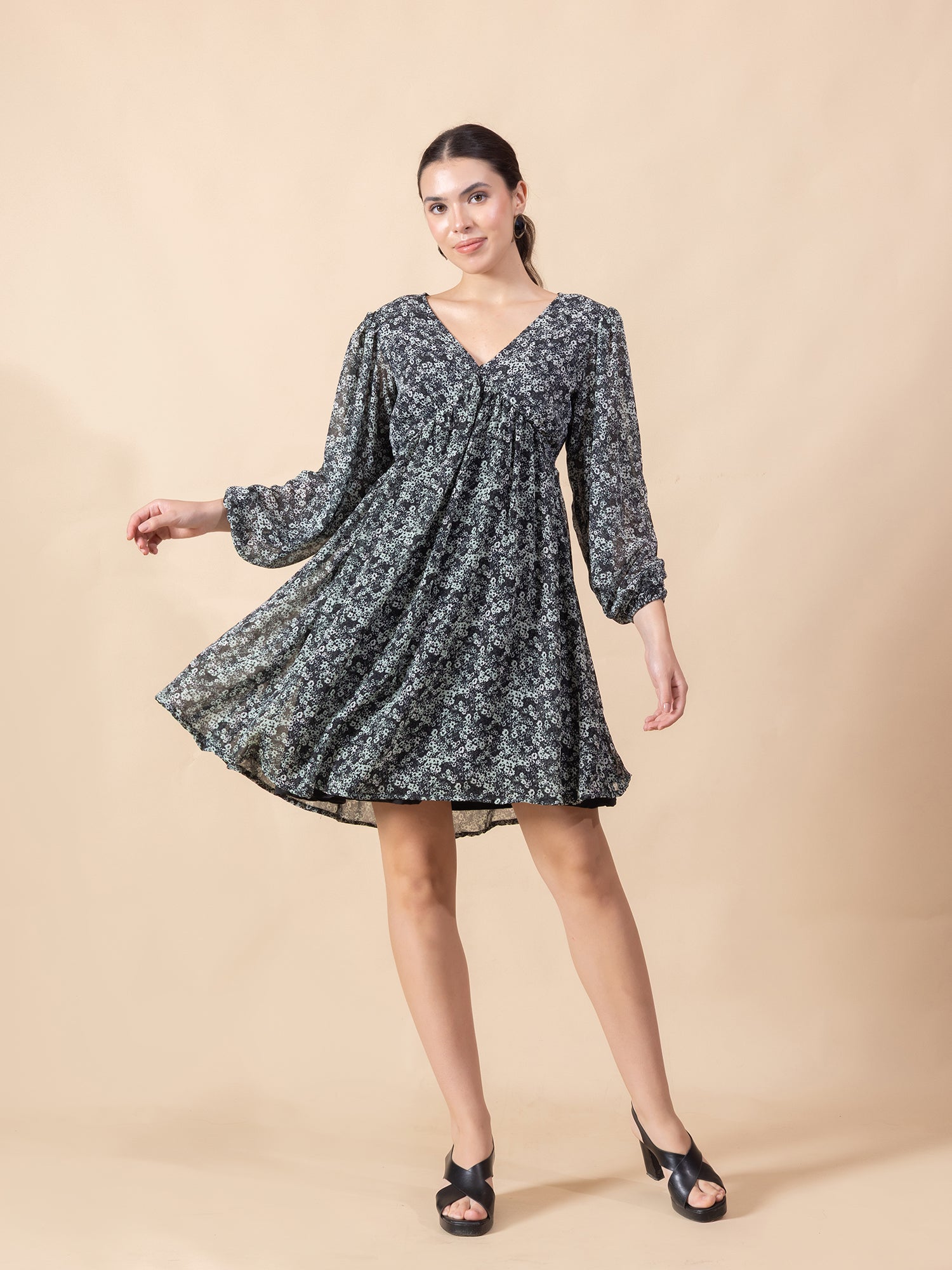 Floral Print Bishop Sleeve Chiffon Fit & Flare Dress