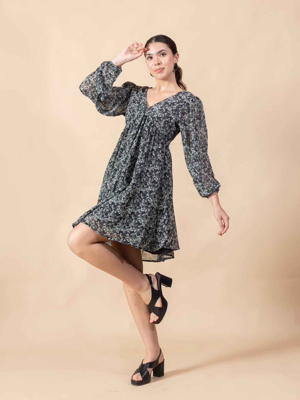 Floral Print Bishop Sleeve Chiffon Fit & Flare Dress