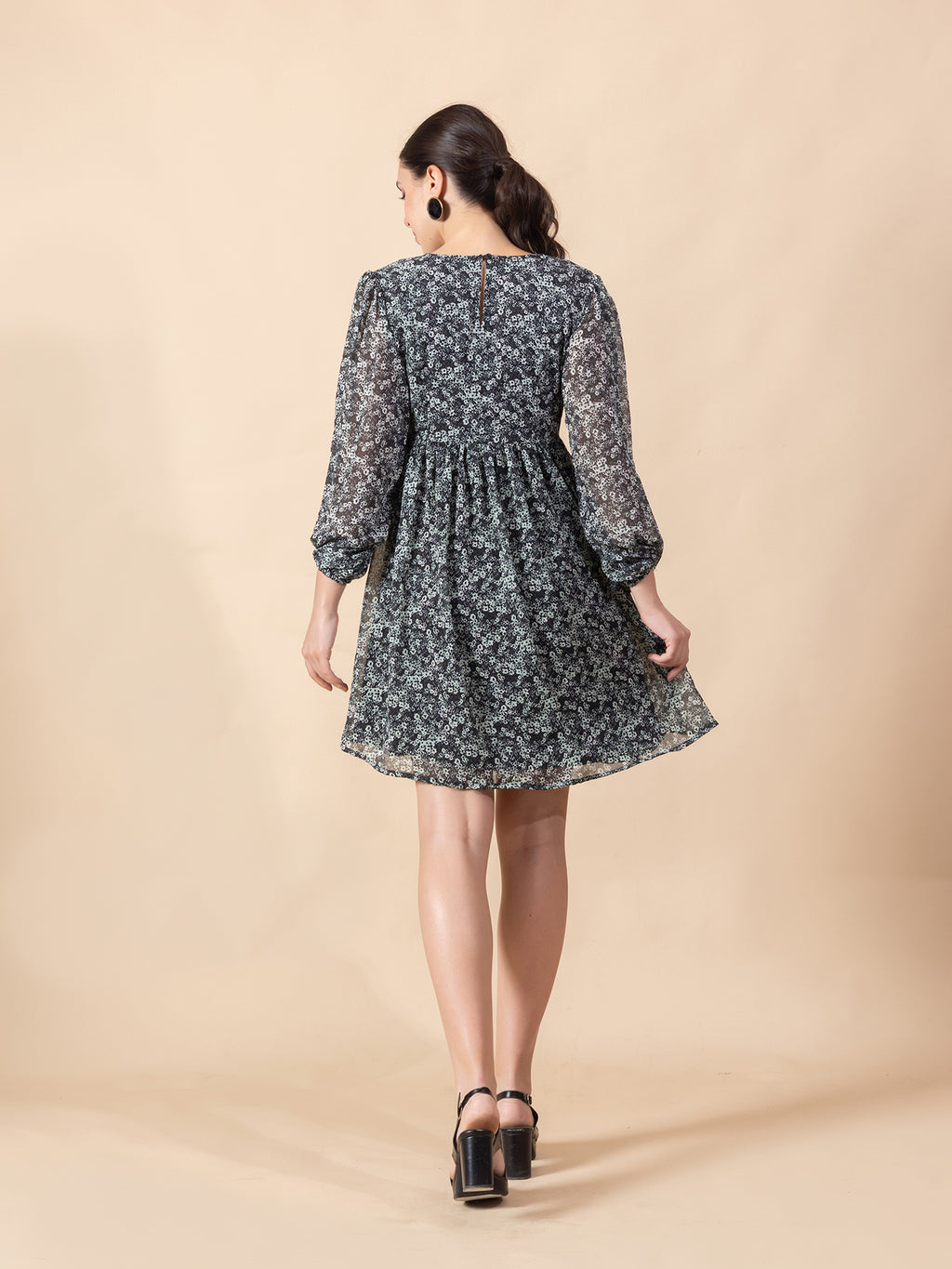 Floral Print Bishop Sleeve Chiffon Fit & Flare Dress