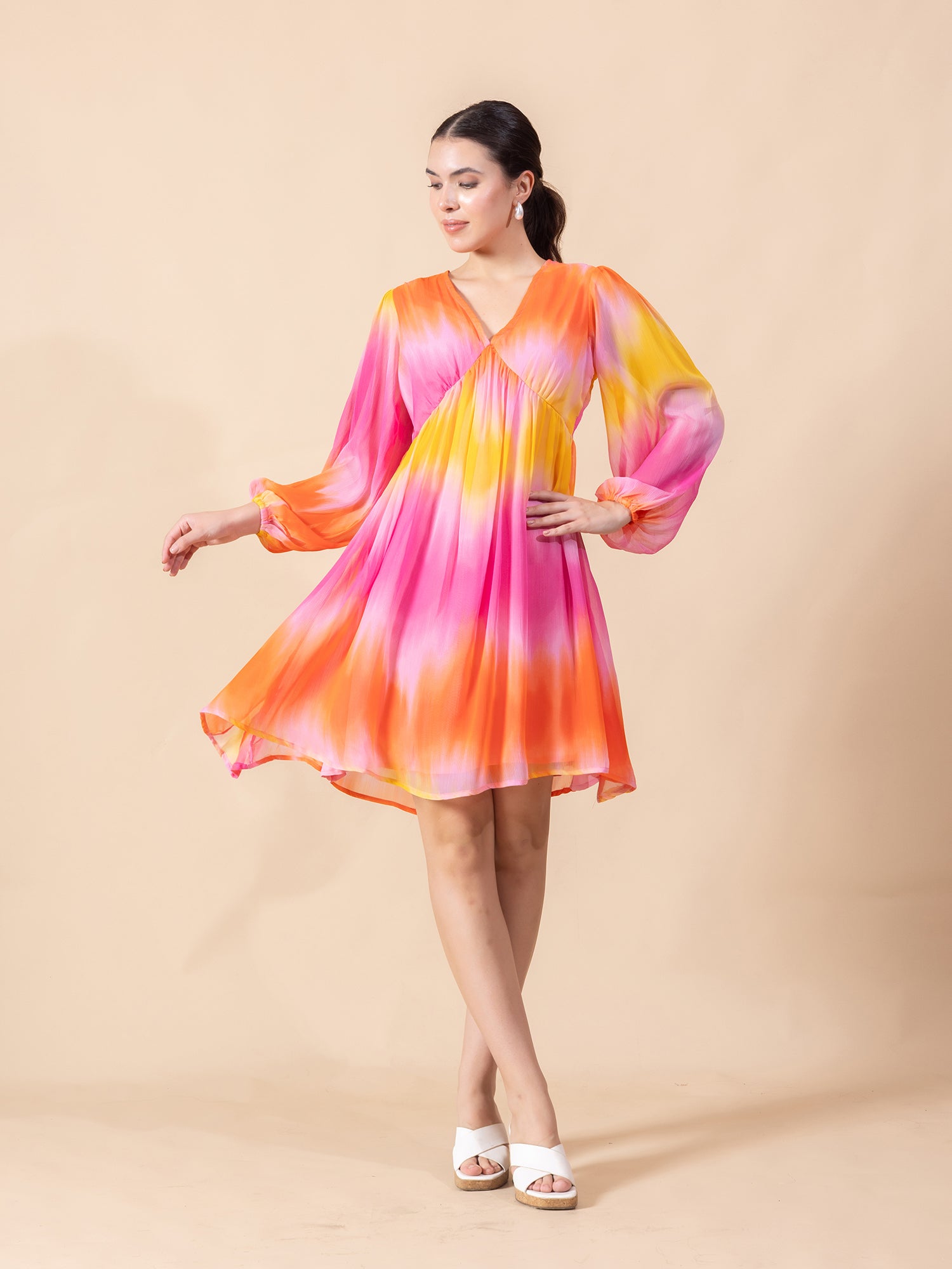 Tie-Dye Bishop Sleeve Chiffon Fit & Flare Dress