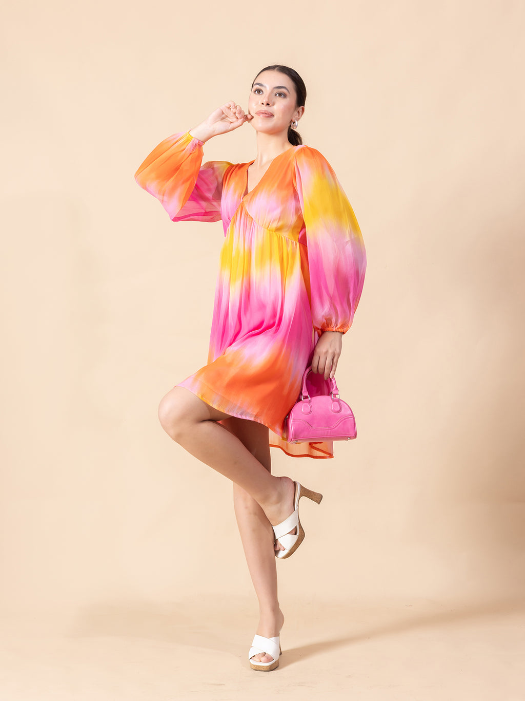 Tie-Dye Bishop Sleeve Chiffon Fit & Flare Dress