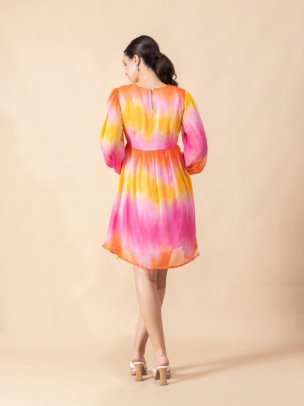 Tie-Dye Bishop Sleeve Chiffon Fit & Flare Dress