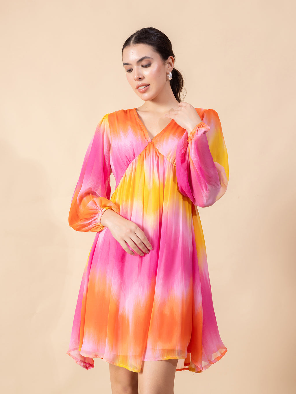 Tie-Dye Bishop Sleeve Chiffon Fit & Flare Dress
