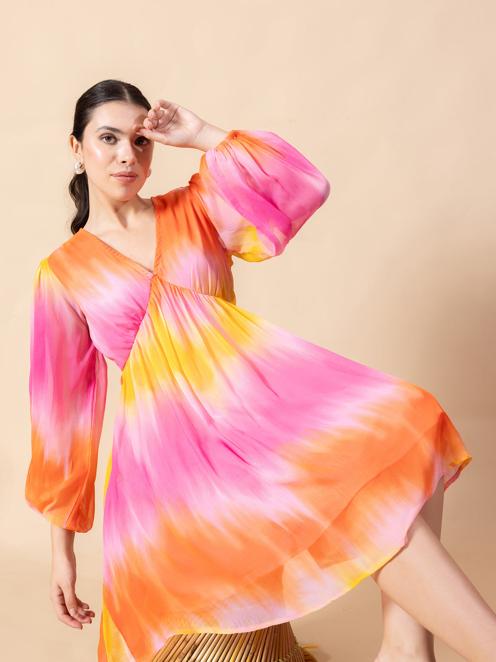 Tie-Dye Bishop Sleeve Chiffon Fit & Flare Dress