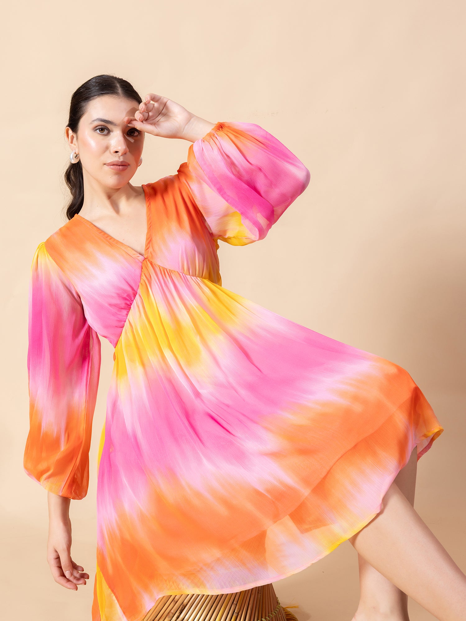 Tie-Dye Bishop Sleeve Chiffon Fit & Flare Dress