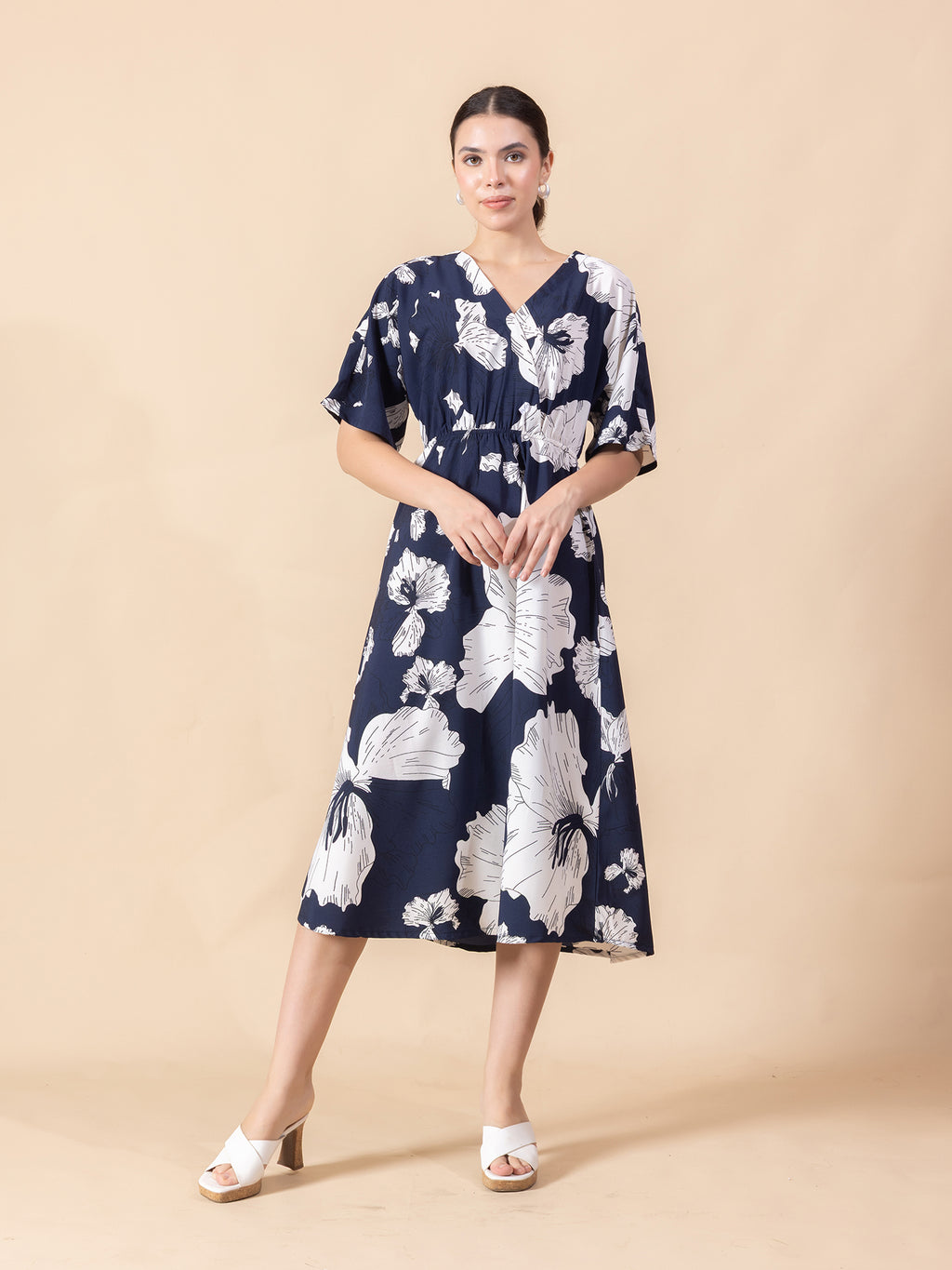 Floral Print Crepe Fit & Flare Midi Dress