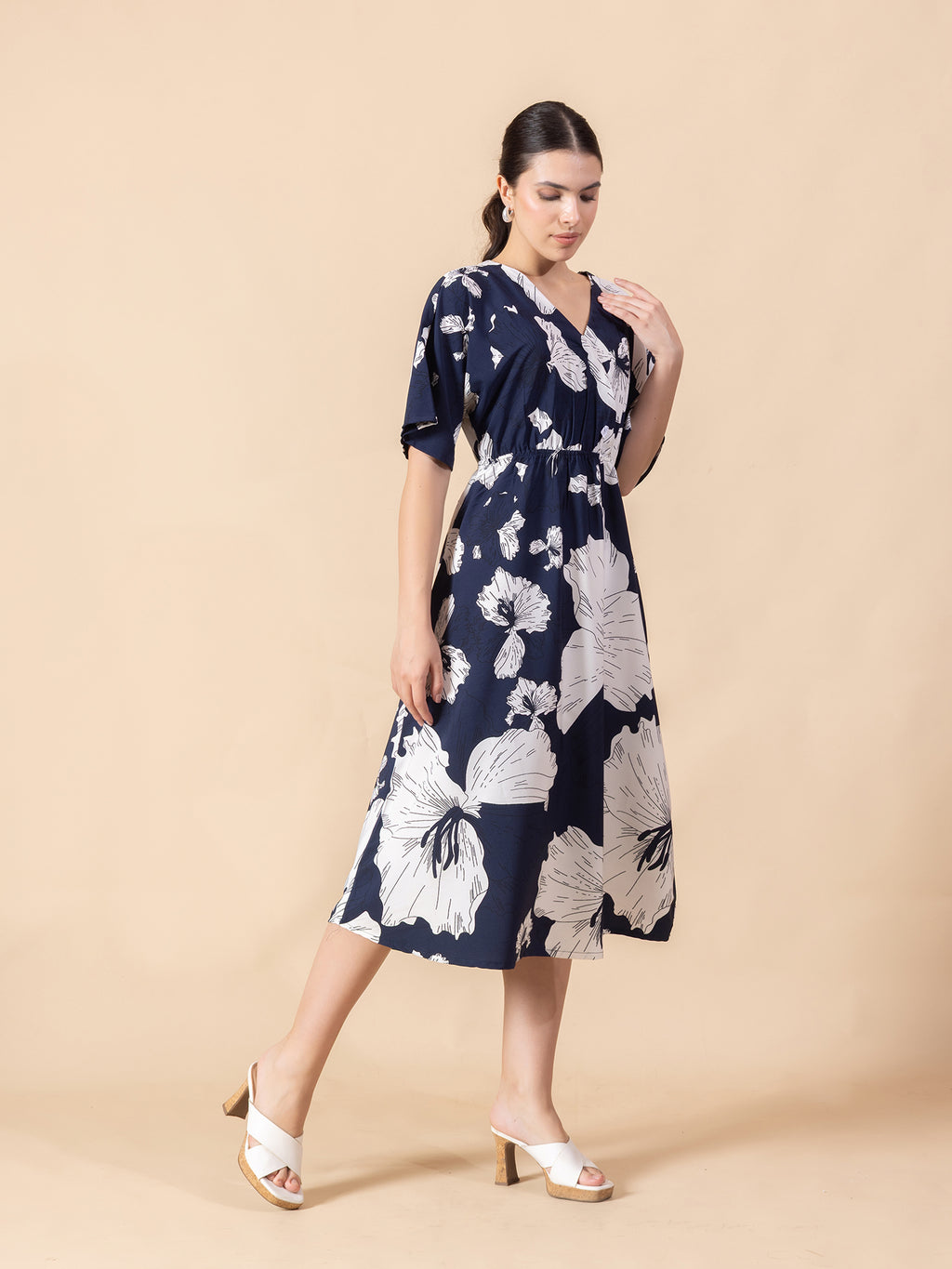 Floral Print Crepe Fit & Flare Midi Dress
