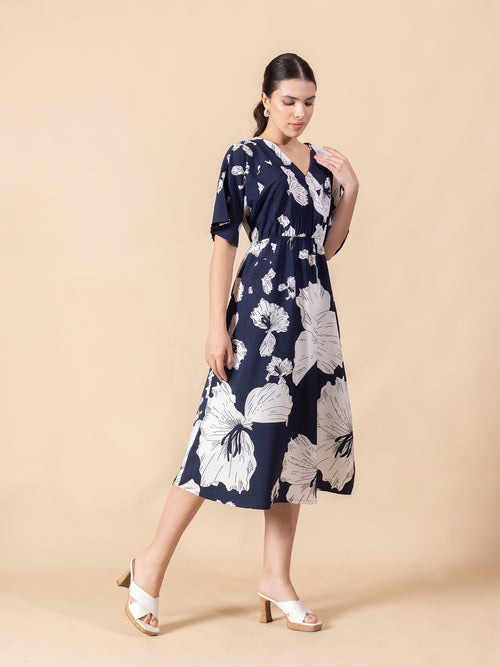 Floral Print Crepe Fit & Flare Midi Dress